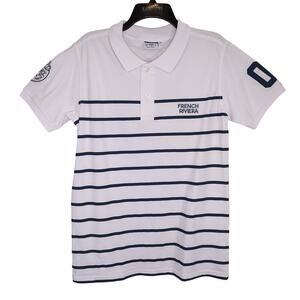 So Nice Top Womens Medium Polo Shirt White Navy Blue Stripe French Riviera